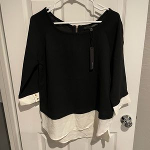 Herve Bernard Black & White blouse with gold zipper &  button detail on sleeves